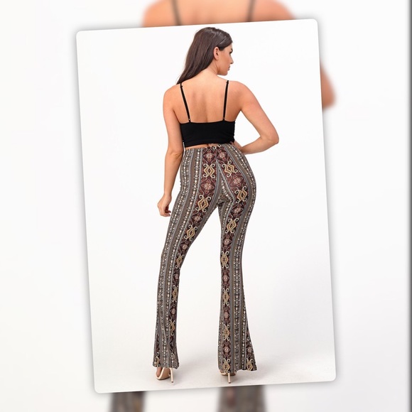 Tik Tok Famous Brown Multi Tribal Print Bell Bottom Flare Stretch Pants - Picture 4 of 12